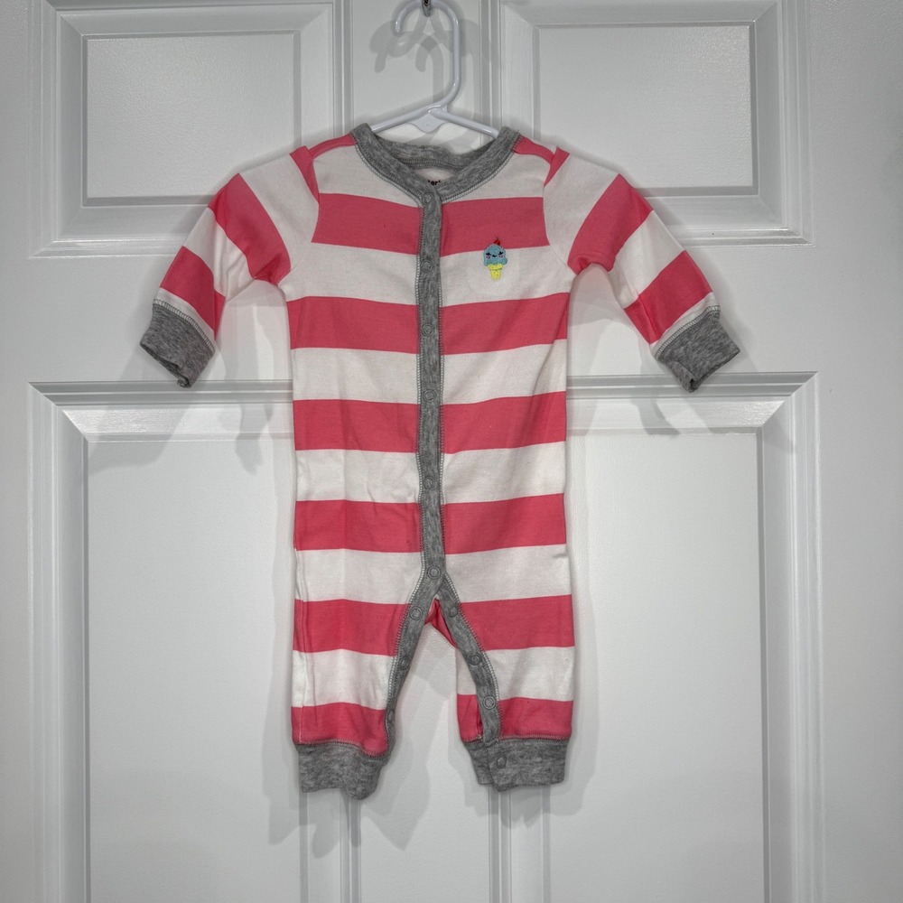 Carters Baby Girl Pink Striped‎ Ice Cream Romper Snap Up Jumpsuit Size 3 Months